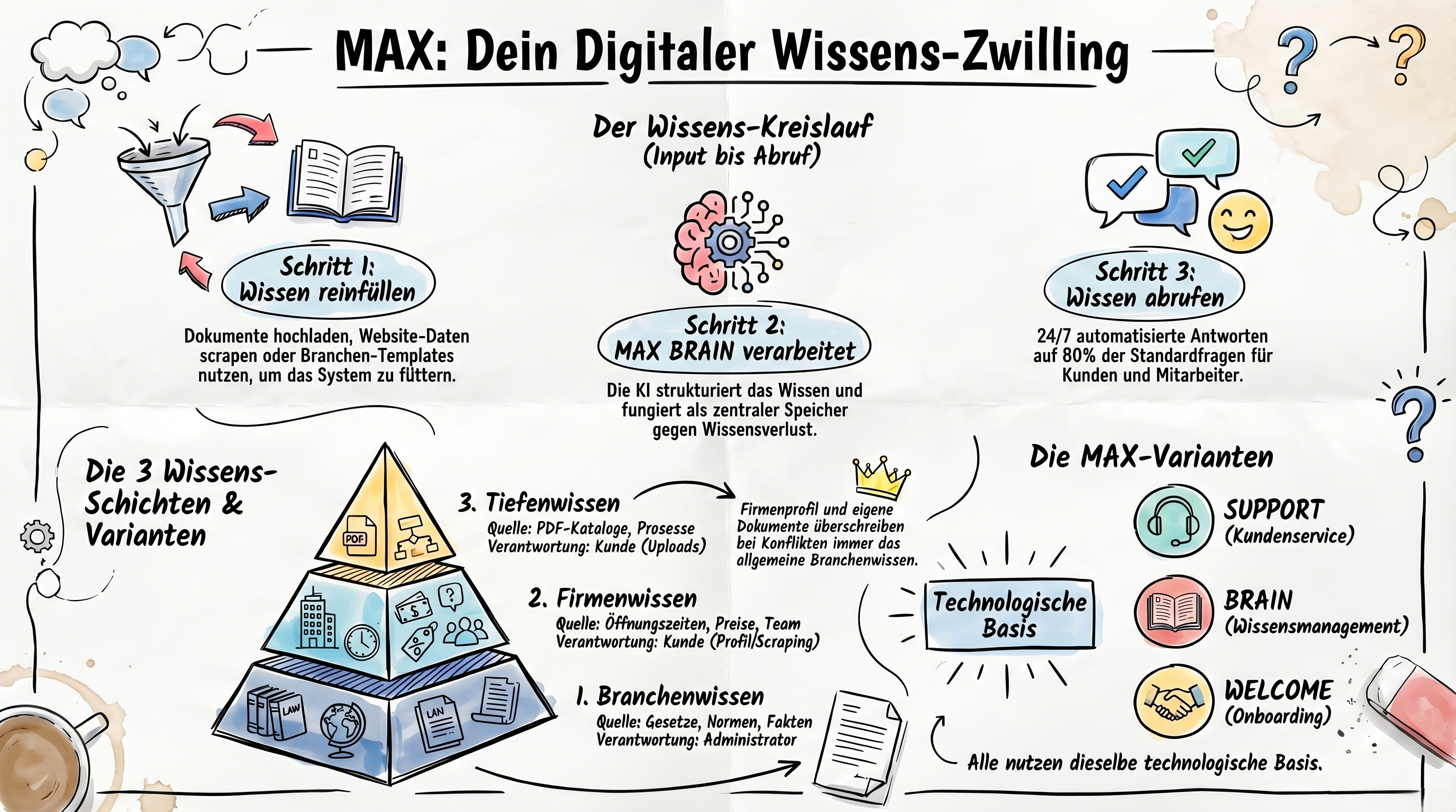 Infografik: MAX als digitaler Wissenszwilling — drei Schritte und Wissensschichten