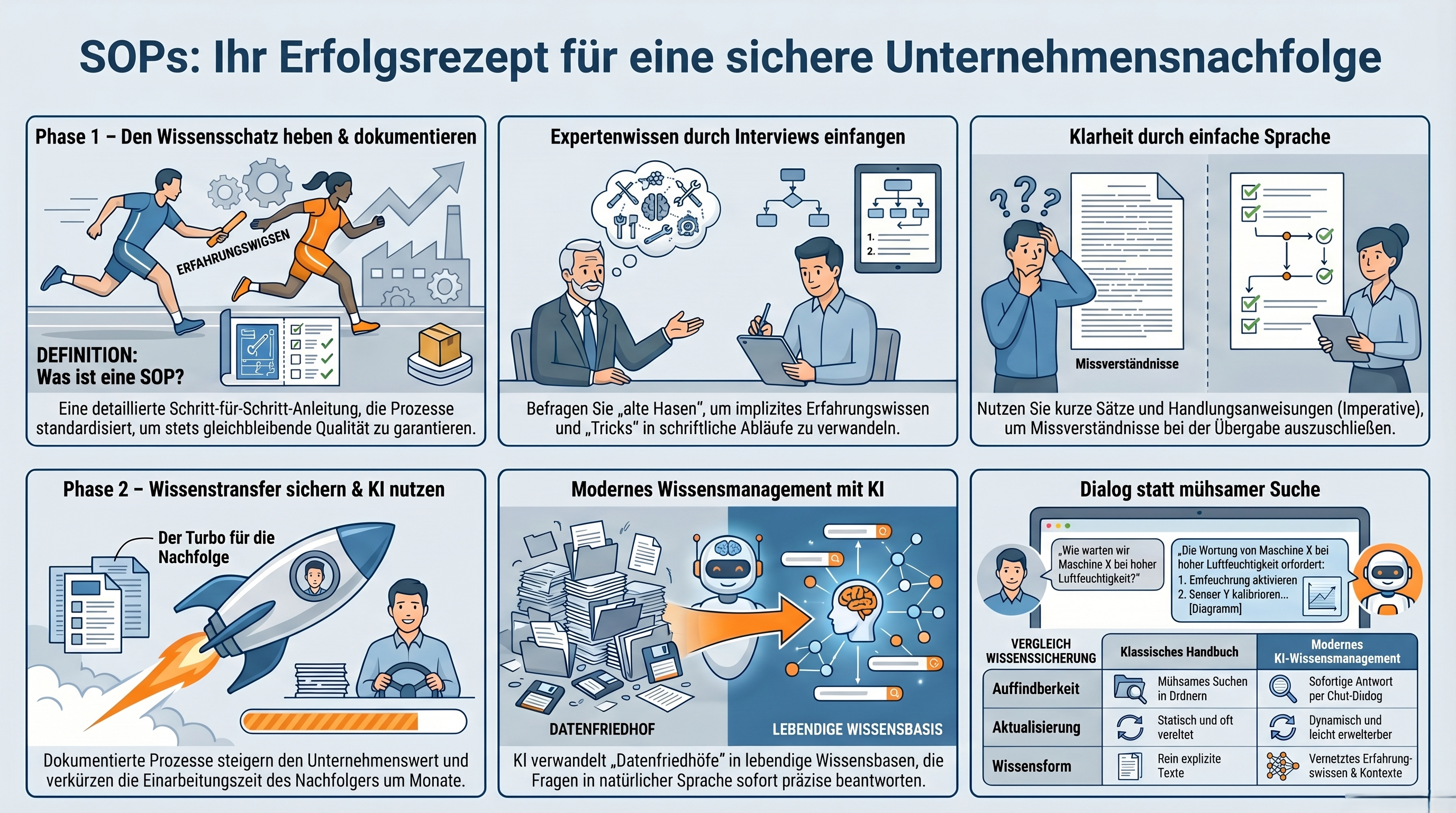 Infografik: SOPs und KI-gestützter Wissenstransfer vs. klassisches Handbuch