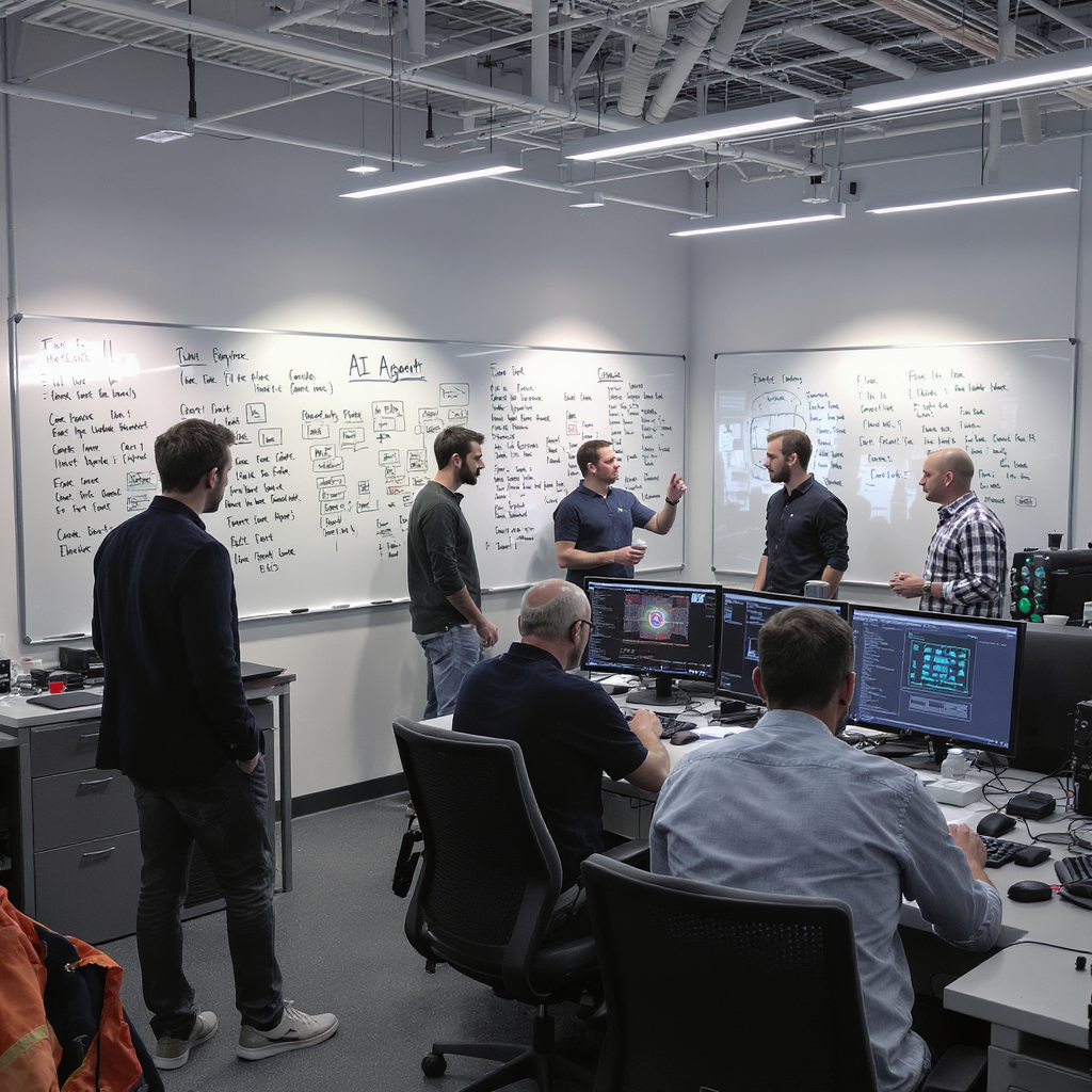 Entwicklerteam im Technikzentrum Aachen-Jülich bei der Arbeit an Whiteboards und Workstations
