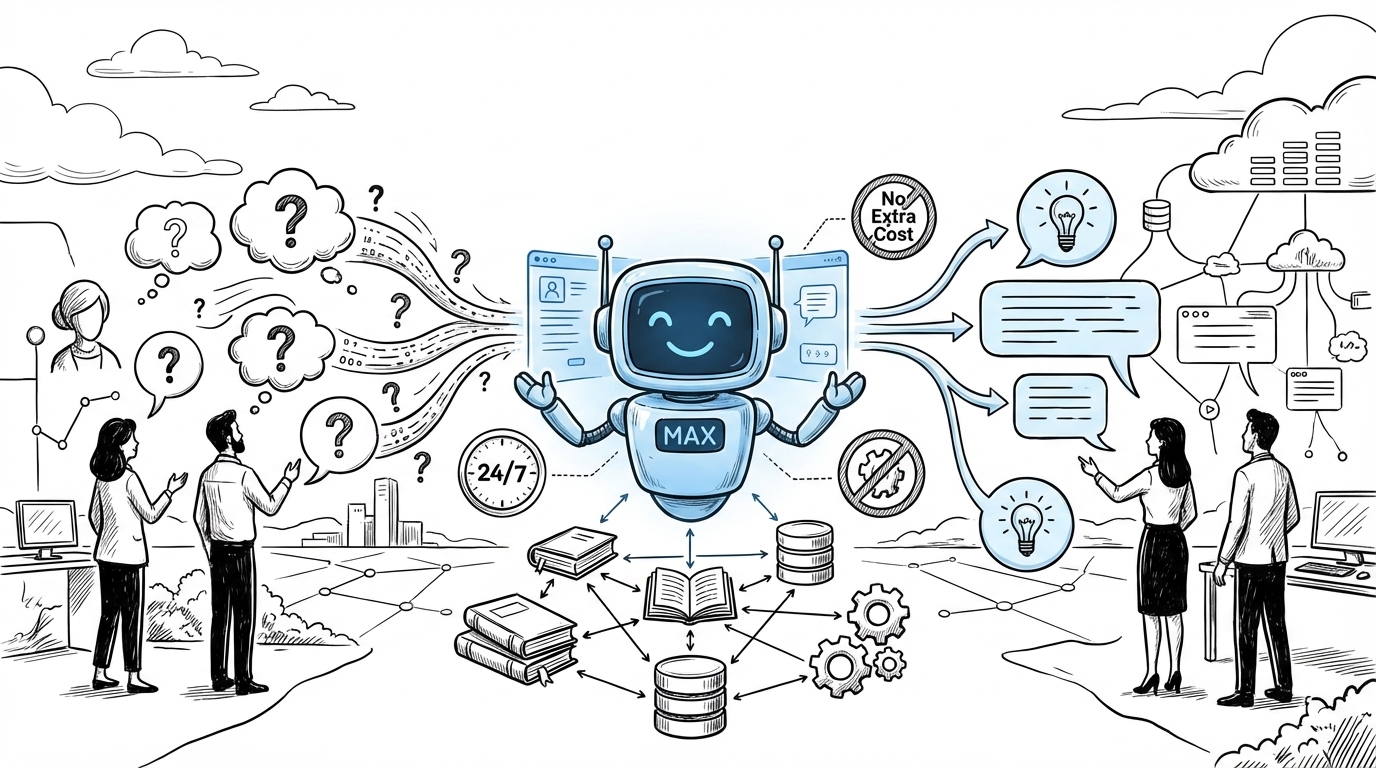 Illustration: MAX als freundlicher KI-Roboter wandelt viele Fragen in klare Lösungen für Unternehmen um.